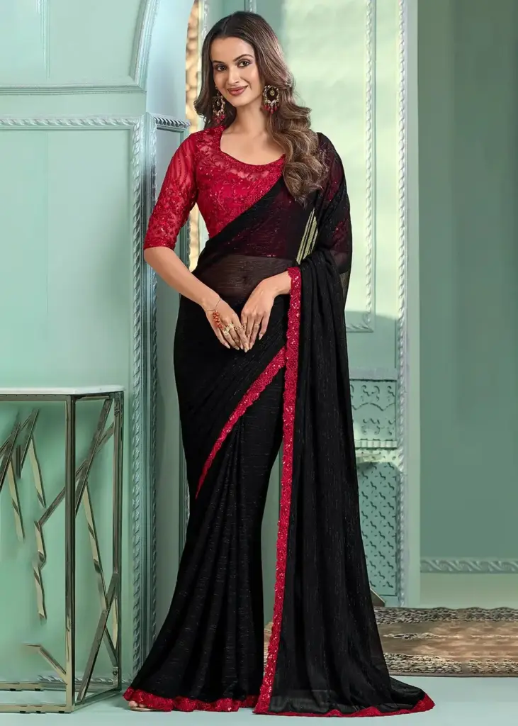 Charming Black Chiffon Saree with Beautiful Embroidery — Perfect for Weddings and Parties