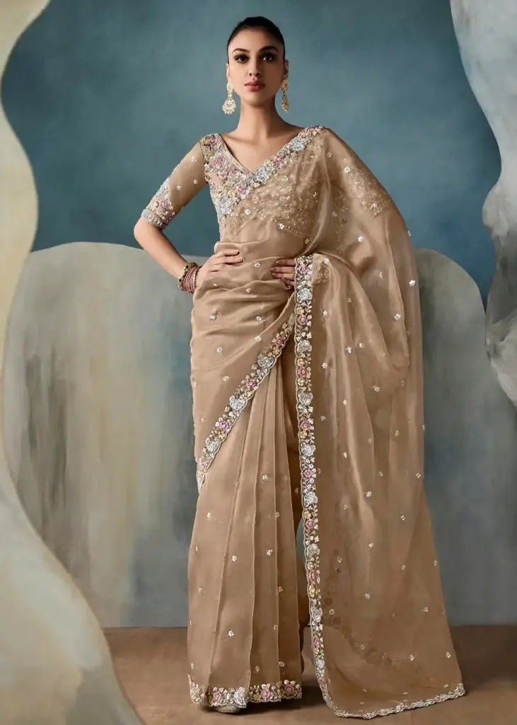 Elegant Beige Tissue Saree featuring a Stunning Handcrafted Cutwork Border