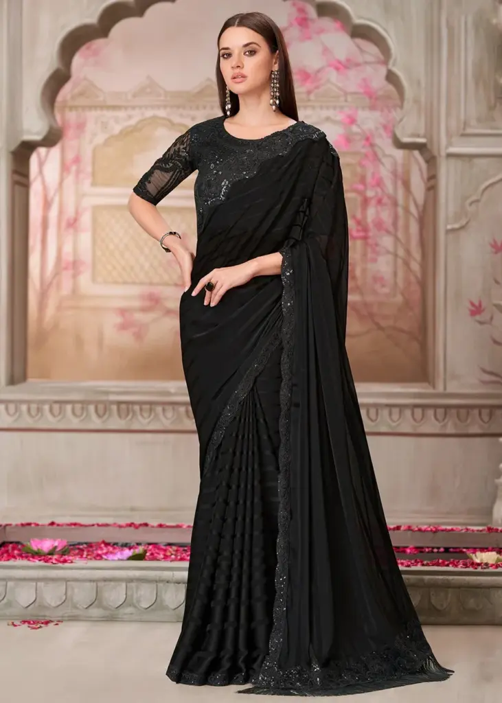 Elegant Black Georgette Saree with Exquisite Embroidery — Perfect for Weddings